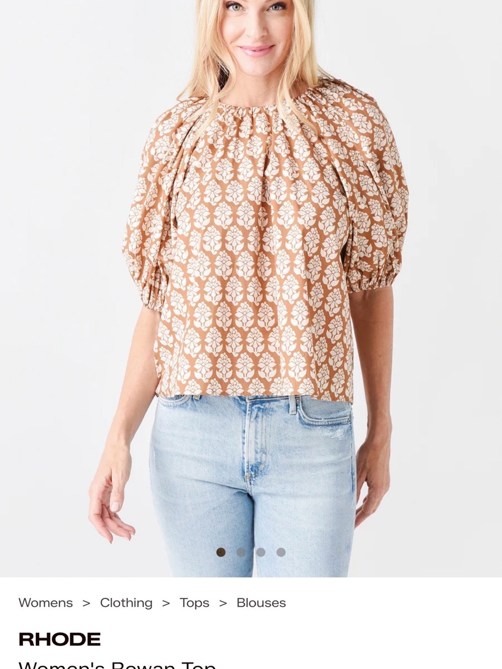 RHODE Tan and White Floral Puff-Sleeve Blouse